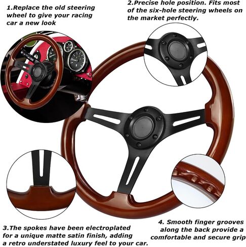 Universal Racing/Golf Cart Steering Wheel, 13.8" 6 Bolts Wood Grain Racing Steering Wheel Classic Nostalgia Style with Horn Button Vintage(Frosted Black) in Saudi Arabia