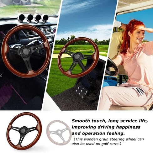 Universal Racing/Golf Cart Steering Wheel, 13.8" 6 Bolts Wood Grain Racing Steering Wheel Classic Nostalgia Style with Horn Button Vintage(Frosted Black) in Saudi Arabia