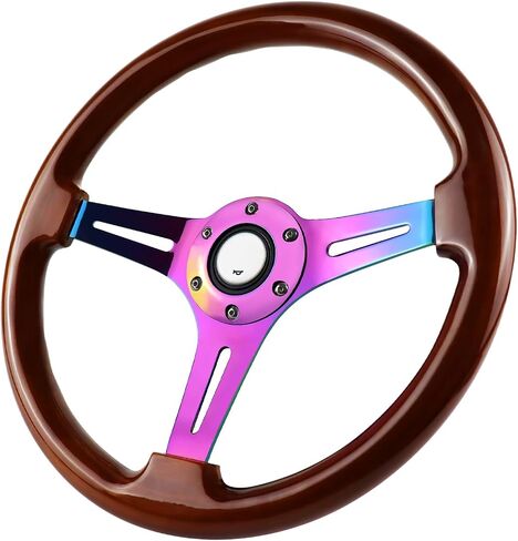 Universal Racing/Golf Cart Steering Wheel, 13.8" 6 Bolts Wood Grain Racing Steering Wheel Classic Nostalgia Style with Horn Button Vintage(Frosted Black) in Saudi Arabia