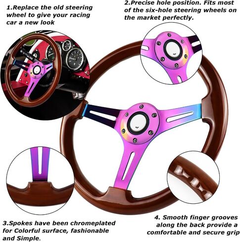 Universal Racing/Golf Cart Steering Wheel, 13.8" 6 Bolts Wood Grain Racing Steering Wheel Classic Nostalgia Style with Horn Button Vintage(Frosted Black) in Saudi Arabia