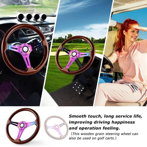 Universal Racing/Golf Cart Steering Wheel, 13.8" 6 Bolts Wood Grain Racing Steering Wheel Classic Nostalgia Style with Horn Button Vintage(Frosted Black) in Saudi Arabia