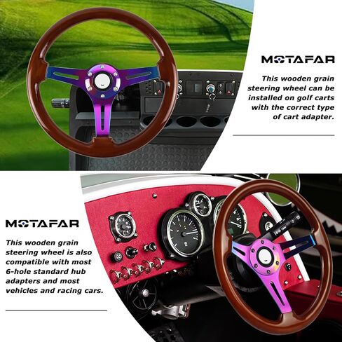 Universal Racing/Golf Cart Steering Wheel, 13.8" 6 Bolts Wood Grain Racing Steering Wheel Classic Nostalgia Style with Horn Button Vintage(Frosted Black) in Saudi Arabia