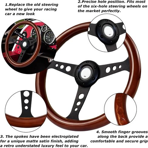 Universal Racing/Golf Cart Steering Wheel, 13.8" 6 Bolts Wood Grain Racing Steering Wheel Classic Nostalgia Style with Horn Button Vintage(Frosted Black) in Saudi Arabia