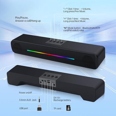 Computer Speakers for Desktop pc, Bluetooth and 3.5mm Aux-in Computer SoundBar Speaker for Laptop, PCs, Monitor, Xbox, Tablets, TV, Wireless Gaming Speakers with Lighting and Strong Bass in Kuwait