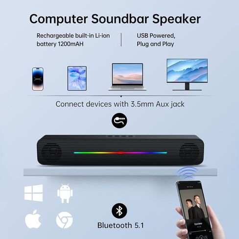 Computer Speakers for Desktop pc, Bluetooth and 3.5mm Aux-in Computer SoundBar Speaker for Laptop, PCs, Monitor, Xbox, Tablets, TV, Wireless Gaming Speakers with Lighting and Strong Bass in Kuwait