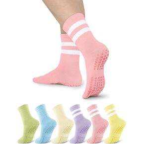 6 Pairs Pilates Socks with Grips for Women Non Slip Yoga Athletic Crew Socks for Barre Ballet Dance Workout Hospital