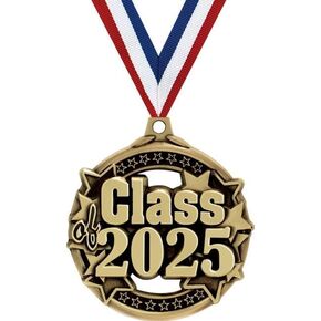 2" Class of 2025 Medals, Gold 3D Class of 2025 Medal Award with Red White and Blue Neck Ribbon Trophies