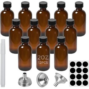 2 oz Amber Glass Bottles - Small Glass Jars with Black Lids Empty Boston Bottle,Dispensing Bottles for Homemade Vanilla Extract, Essential Oils, Herbal Medicine (12)
