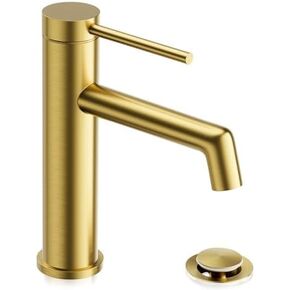 Phiestina Brushed Gold Bathroom Faucet, Single Hole Single Handle Bathroom Sink Faucet, with Water Supply Line and Metal Pop Up Drain, SGF06-BG