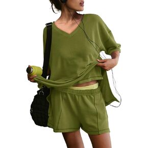 Yousify Womens 2 Piece Sets Summer Outfits 2025 Lounge Set 3/4 Sleeve Oversized Tops And Elastic Waist Shorts With Pockets