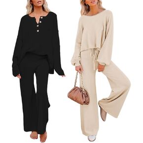 Pink Queen 2 Piece Outfit Sweater Set Knit Pullover Sweater Top and Wide Leg Pants Sweatsuit