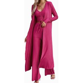 Women's V-Neck Drawstring Open Navel Vest, Pants, and Coat Three Piece Set