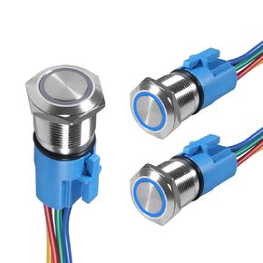 3PCS 19mm Latching Push Button Switch with Ring LED Waterproof Maintained Power Button 12V SPDT 1NO1NC with Wire Socket Plug, Blue LED Indicator