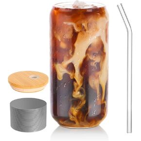 Bewave Drink Glass ، 16 أوقية يمكن شكل أكواب من النظارات ، ونظارات القهوة المثلجة ، وبهلان البيرة ، والويسكي ، والصودا ، والشاي ، والعصير ، والهدف ، مع الغطاء ، القش والأكمام ، 1 جهاز كمبيوتر الشخصي