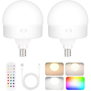 Yochoice 2-Pack E12 Rechargeable Battery Operated Light Bulb with Remote, Dimmable LED Bulb with 15 Colors Selectable & 3 Timer, Wireless Detachable Puck Light Bulb for Wall Sconce, Non-Hardwired