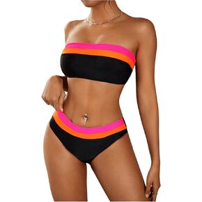 SweatyRocks Women's Strapless Triangle Bikini Set Two Piece Bandeau Swimsuit Color Block Mid Waist Bathing Suits Swimwear