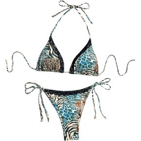 Verdusa Women's 2 Piece Leopard Triangle Swimwear Halter High Cut Tie Side String Bikini Set