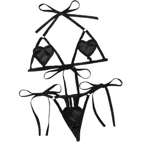 Womens Heart Mesh Sheer Lingerie Set Mini Top Tie Sides Thong Sexy Micro Swimwear Bikini Set