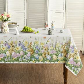 Horaldaily Easter Tablecloth 60×84 Inch Rectangular, Beige Easter Grass Bunny Egg Washable Seasonal Table Cover for Party Picnic Dinner Decor