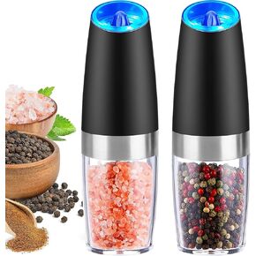 Gravity Electric Pepper and Salt Grinder Set, Adjustable Coarseness, With LED Light, One Hand Automatic Operation, (2 Pack Black)