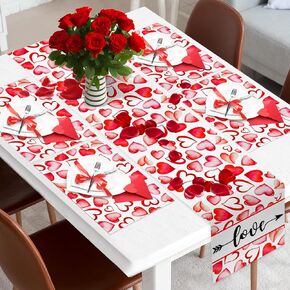 Valentine's Day Table Runner and Placemats- Heart, Set of 5 | 1Pcs Watercolor Heart Arrow Love Table Runner and 4 Pcs Table Placemats for Valentines Table Decorations Dinner Party Supplies