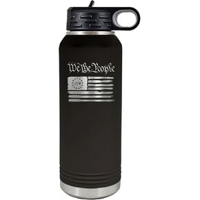 Palm City Products We the People 32 oz Black Stainless Steel Patriotic Water Bottle - Vacuum-Insulated Revolutionary War Tumbler with Engraved American Flag and Flip-Top Lid