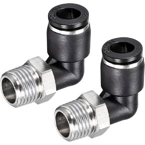 2 Pack 90 Degree Elbow Push to Connect Air Hose Fittings, for Transporting Air, Apply to Industrial (8mm Tube OD, 1/4 NPT Thread, Black Silver Tone)