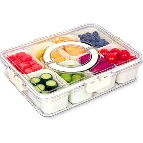 Divided Serving Tray with Lid and Handle - 8 Compartment Snackle Box Charcuterie Container，Portable Snack Box for Travel,Party,Picnic,Beach - Clear Food Organizer for Candy, Fruits, veggie, Snack
