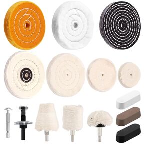 15Pcs Buffing Polishing Wheel Kit Polish Compound, Cone/Column/Mushroom/T-Shaped Buffer Wheels with 1/4" Handle for Bench Grinder for Aluminum, Stainless Steel, Chrome