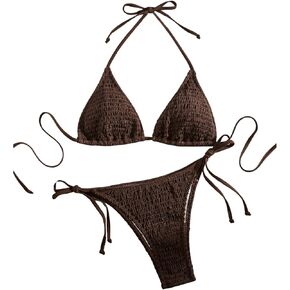GORGLITTER Women's High Waisted Thong Bikini Set Smocked Halter Triangle Top Swimsuit Bathing Suit