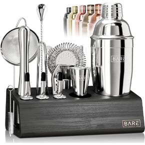 BARE BARREL® Mixology Bartender Kit Bar Set | 14-Piece Cocktail Shaker Set | Martini Barware Mixing Tools for Home Bartending | Incl. 35 Recipe Cards | Gift Set (24oz Cobbler Shaker, Jet Black/Black)