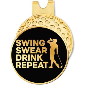 Hafhue Swing Swear Repeat Black Gold Golf Ball Marker withHat Clip, Funny Golf Accessories and Golf Gifts for Men, Birthday for Golf Fan Golfer Golf Lovers, Golf Novelty Gift