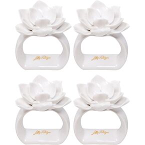 Lilly Pulitzer Ceramic Napkin Rings, Flower Table Setting Accessories, White Napkin Holder Rings, Set of 4, Flower