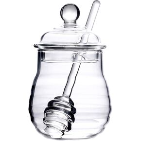 Lawei Honey Jar with Dipper and Lid Glass - Heat-Resistant 10 oz Beehive Honey Pot for Store Honey and Syrup