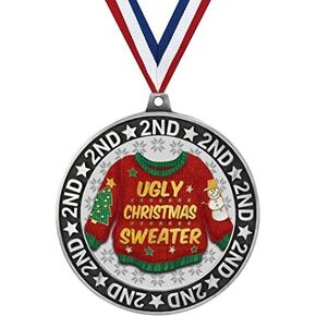 Ugly Christmas Sweater 2nd Place Perimeter Medals and Trophies, 2.75" Silver Ugly Sweater Medal Awards Prime