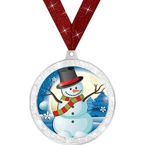 Holiday Awards - 2 1/2" Winter Snowman Medal with Red Glitter Neck Ribbon Prime
