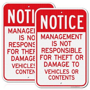 Notice Management is Not Responsible for Theft or Damage to Vehicles Contents Sign, 2Pack-18"x12" Engineer Grade Rust Free Reflective Aluminum, Fade Resistant, Weatherproof，UV Protected, Easy to Mount