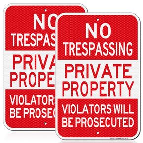 No Trespassing Private Property Sign, Violators Will Be Prosecuted Sign, 2Pack-18"x12" Engineer Grade Rust Free Reflective Aluminum, Fade Resistant, Weatherproof, UV Protected, Easy to Mount