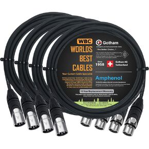 4 Units - 10 Foot - Gotham GAC-4/1 (Black) - Star Quad, Dual Shielded Balanced Male to Female Microphone Cables with Amphenol AX3M & AX3F Silver XLR Connectors - Custom Made by WORLDS BEST CABLES