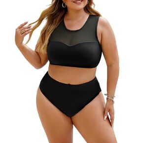 Women Plus Size High Waisted Bikin 2 Piece Mesh Tummy Control Swimsuit Sports Racerback Modest Bathing Suit