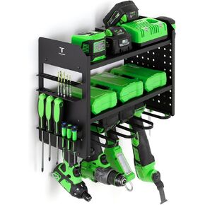 Power Tool Organizer - Wall Mount Storage for Garage Organizes 4 Cordless Drills & Tools - Heavy Duty Rack w Pegboard Sides Shelves & Hooks - Neatly Holds Screwdrivers & Drill Bits BLACK/BLACK