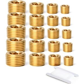 GASHER 25Pcs Brass Pipe Fitting,1/8" 1/4" 3/8" 1/2" 3/4" NPT Brass Internal Hex Thread Socket Pipe Plug Set