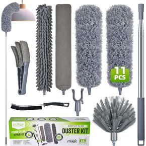 Extendable Feather Duster with Extension Pole 30 to 100 Inches, 11 Pcs Cleaning Kit with Microfiber Feather Dusters, Crevice Cleaning Brush, for Cobwebs, Blinds, Furniture, High Ceilings & Cars
