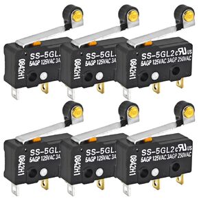 SS -5GL2 microswitch (حزمة 6) - 125V AC 5A مفتاح الحد الأقصى الدقيق ، مشغل الأسطوانة المفصلية ، SPDT ، حركة لحظية ، IP40