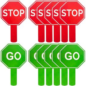 12 Pcs Stop and Go Sign Double Sided Handheld Sign Red Green Light Sign Waterproof Crossing Guard Road Signs for Kids Teaching Traffic Safety, 9.84 x 5.91 Inch(Octagon)