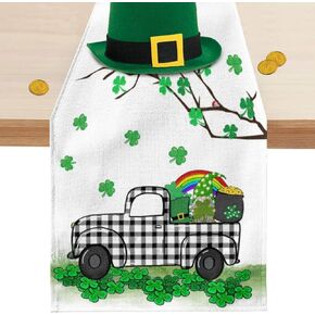 Jbralid St. Patrick's Day Shamrock Truck Gnome Table Runner Spring Holiday Lucky Clover Table Cloth Decorations for Home Dining Room Party Decor 13x72 Inch