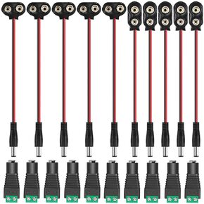 5PCS 9V Battery Clip Connector I-Type and T-Type Leather Housing Holder 150mm Leads Male DC Connector for Battery Connection with 10PCS DC Female Power Connector
