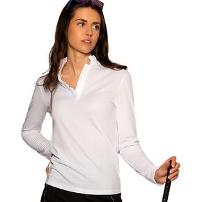 Ellie Day Women's Recycled Mesh Performance Polo Shirt, 1/4 Zip Front, Long Sleeve, UPF Protection, White, Ruffle Collar