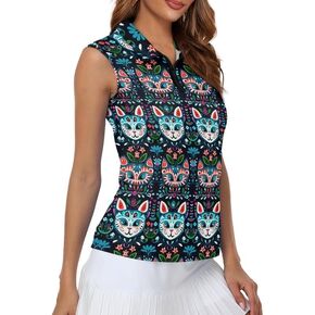 Irisjudy 1/4 Zip Up Tennis Golf T-Shirts for Women Novelty Animals Floral Lightweight Sleeveless Collared Tank Top Quick Dry
