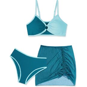 Crazyme Girls Swimsuit Color Block Ring Linked Bikini Sets with Cover Up Skirt 3 Piece Girls Bathing Suits Size 7-16 Y